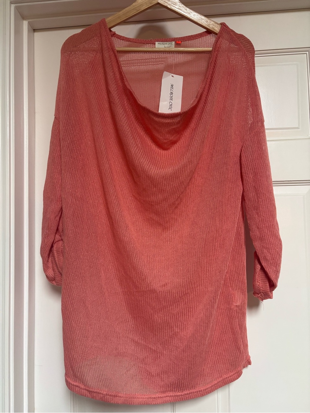 Salmon Pink open Knit Cowl Neck Tunic sweater